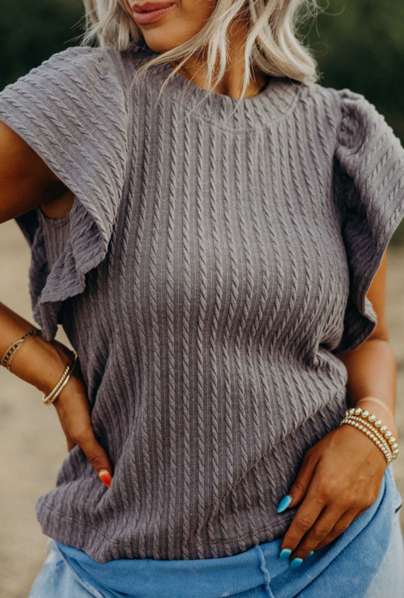 Grey Flutter Sleeve Textured Top