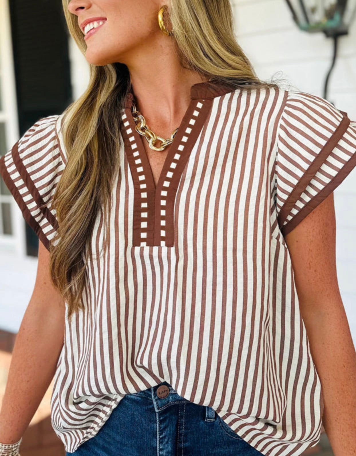 Brown Striped Ruffle Sleeve Top