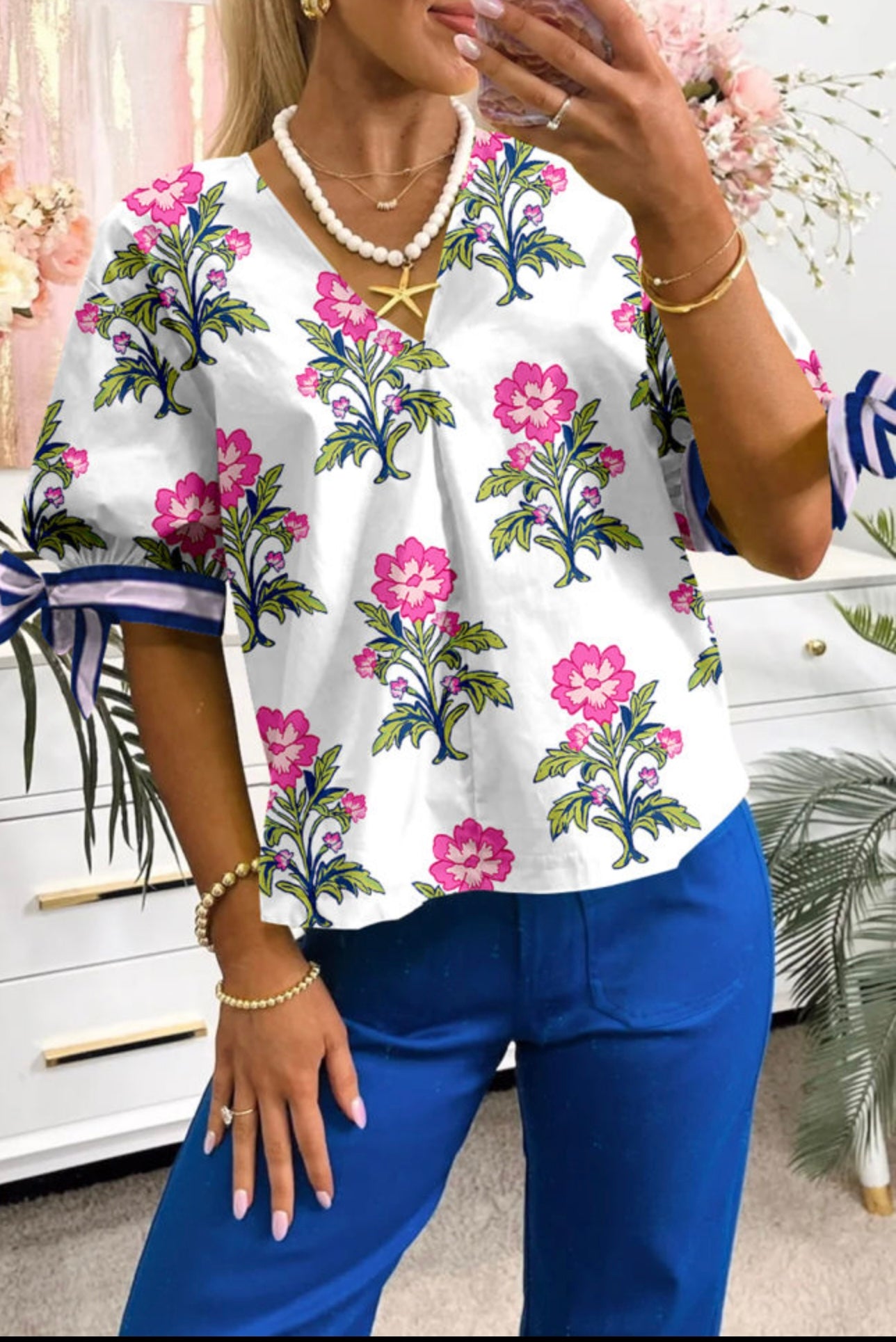 White Floral Tie Bubble Sleeve Top