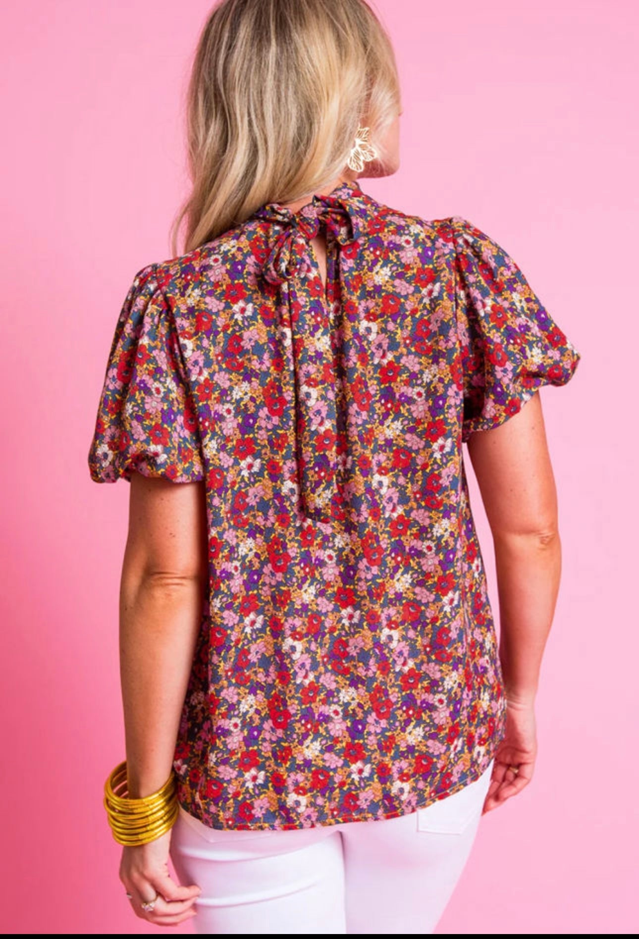 Floral High Neck Back Tie Blouse