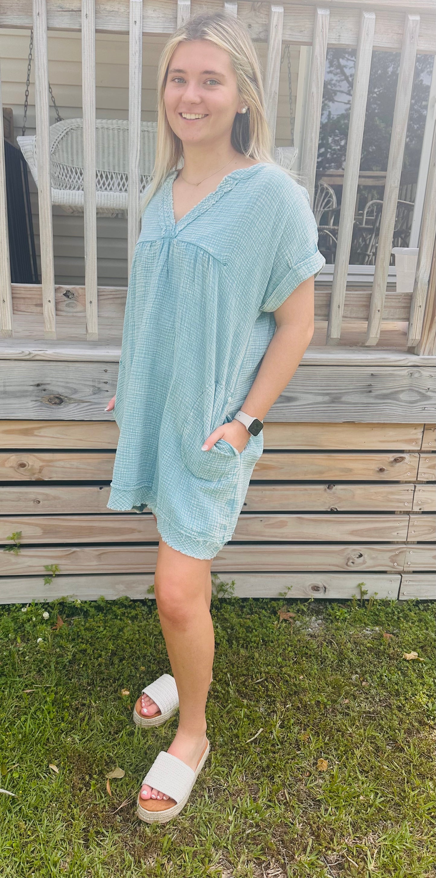 Dusty Teal Acid Wash Zenana Dress