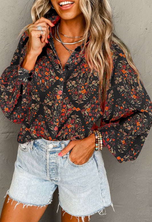Black Floral Button Up