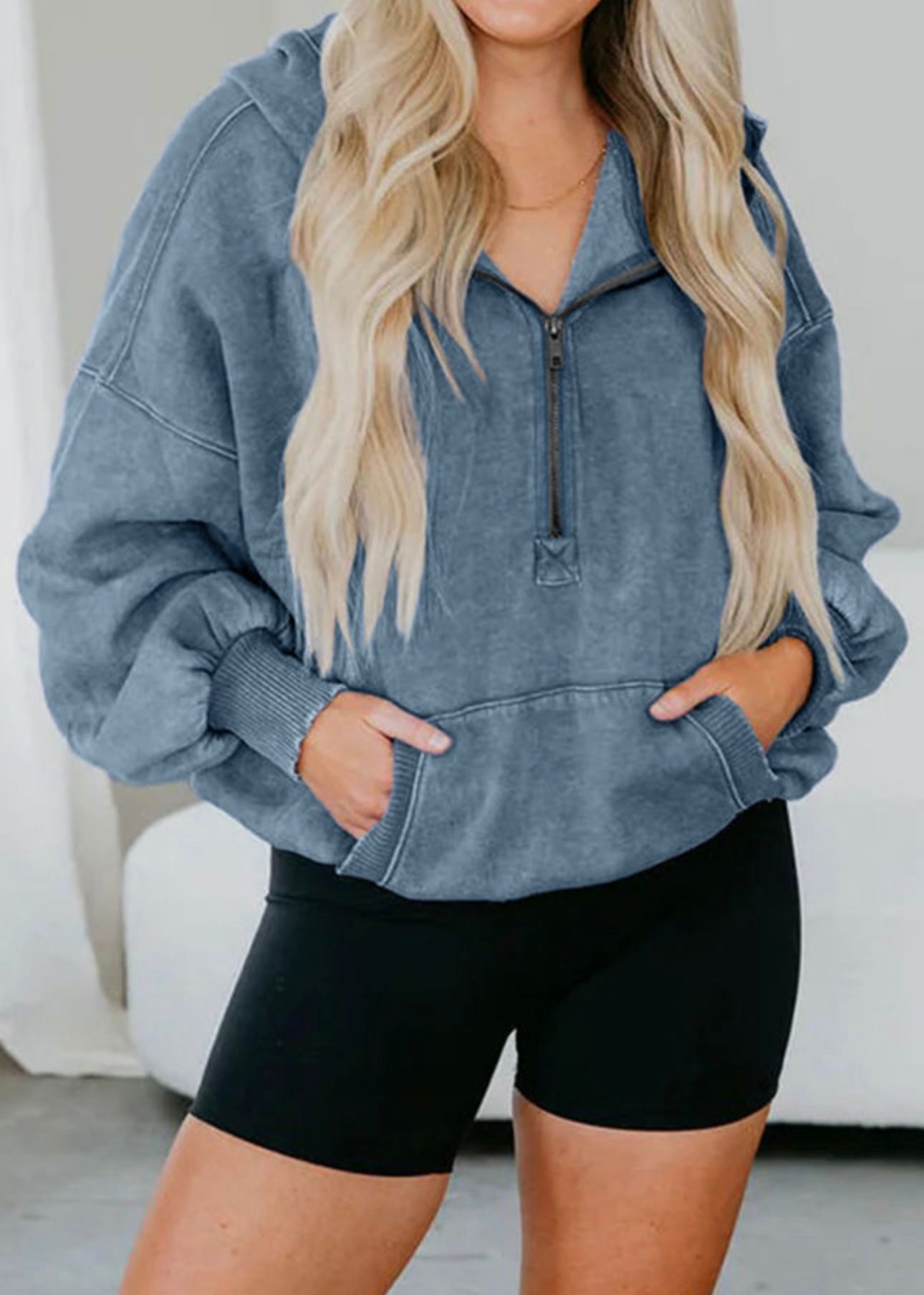 Blue Mineral Washed Quarter Zip Hoodie