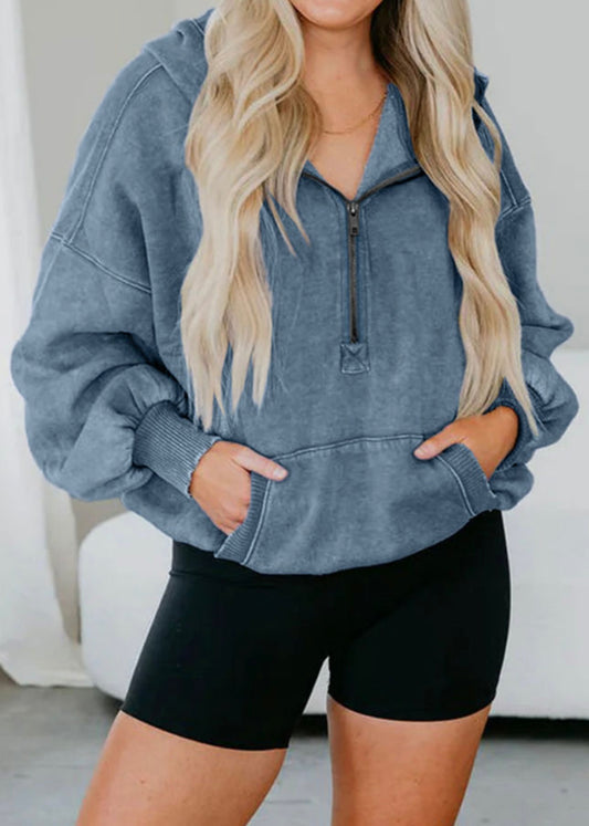 Blue Mineral Washed Quarter Zip Hoodie