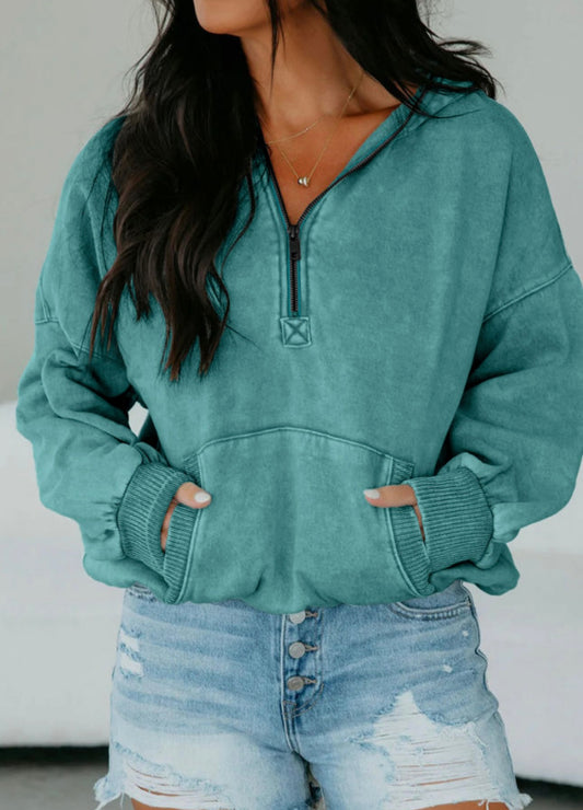 Teal Mineral Washed Quarter Zip Hoodie