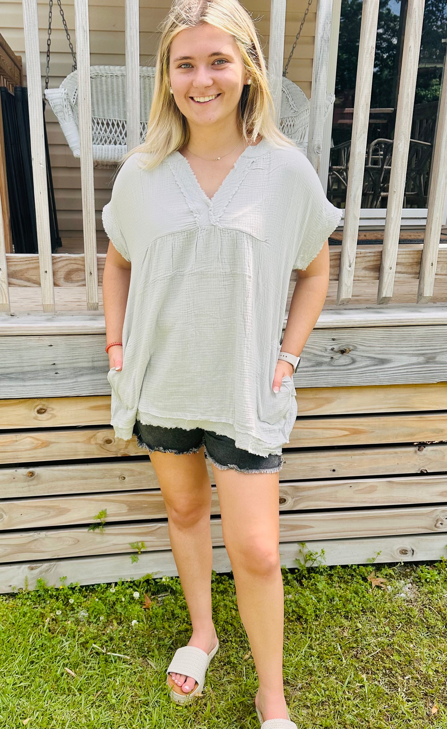 Solid Color V Neck Gauze Tops