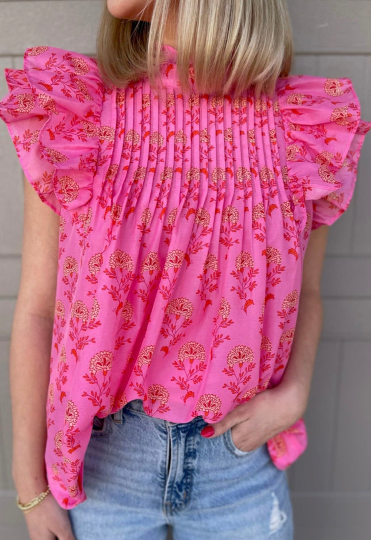 Pink Floral Pleated Ruffle Sleeve Top