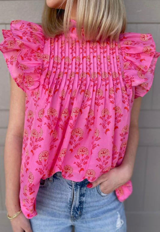 Pink Floral Pleated Ruffle Sleeve Top