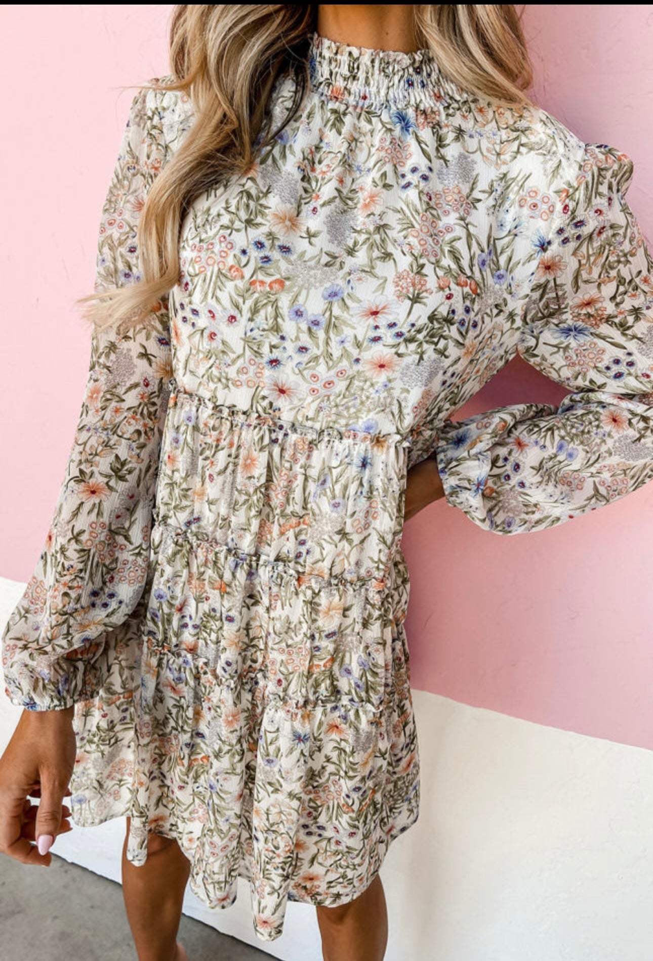 White Floral Long Sleeve Dress