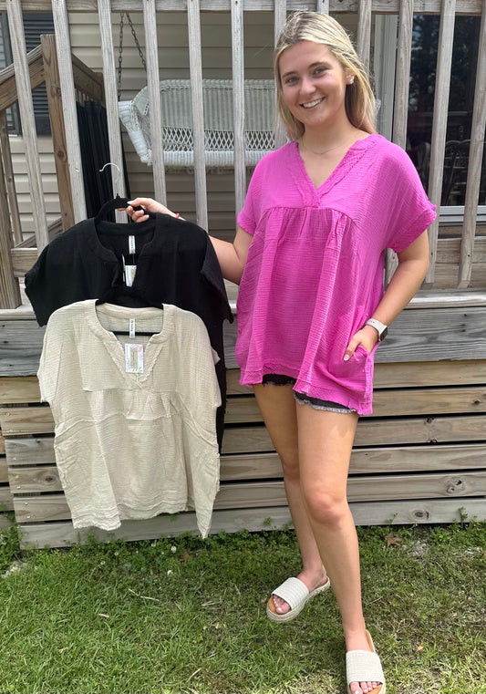 Solid Color V Neck Gauze Tops