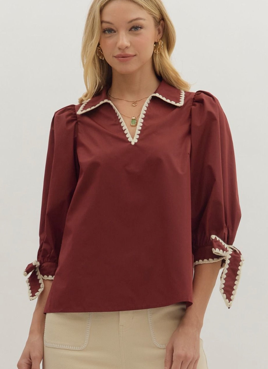 Wine Three Quarter Sleeve Entro Top