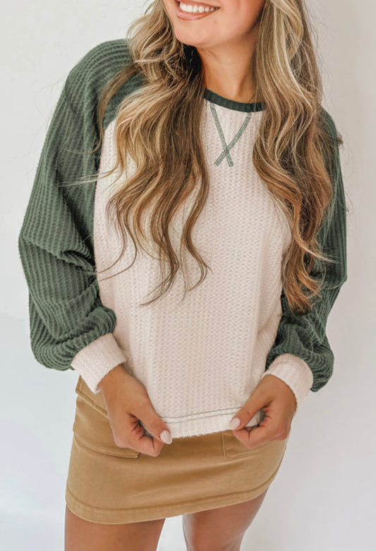 Cream and Green Waffle Knit Top