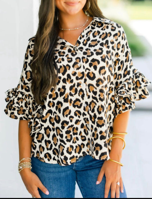 Cheetah Button Ruffle Sleeve