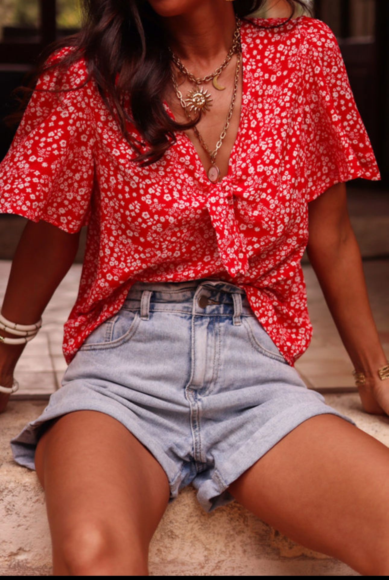 Red Floral Front Tie Top