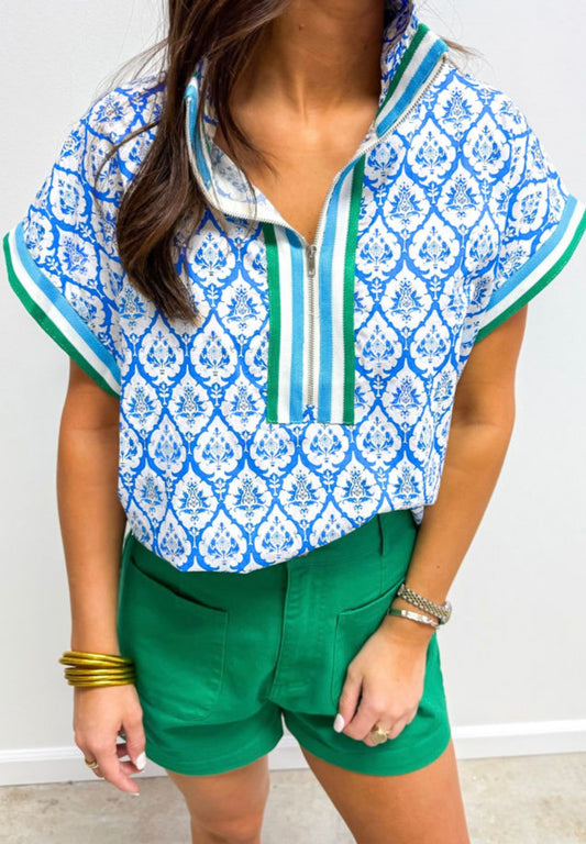 Blue and Green Half Zip Blouse