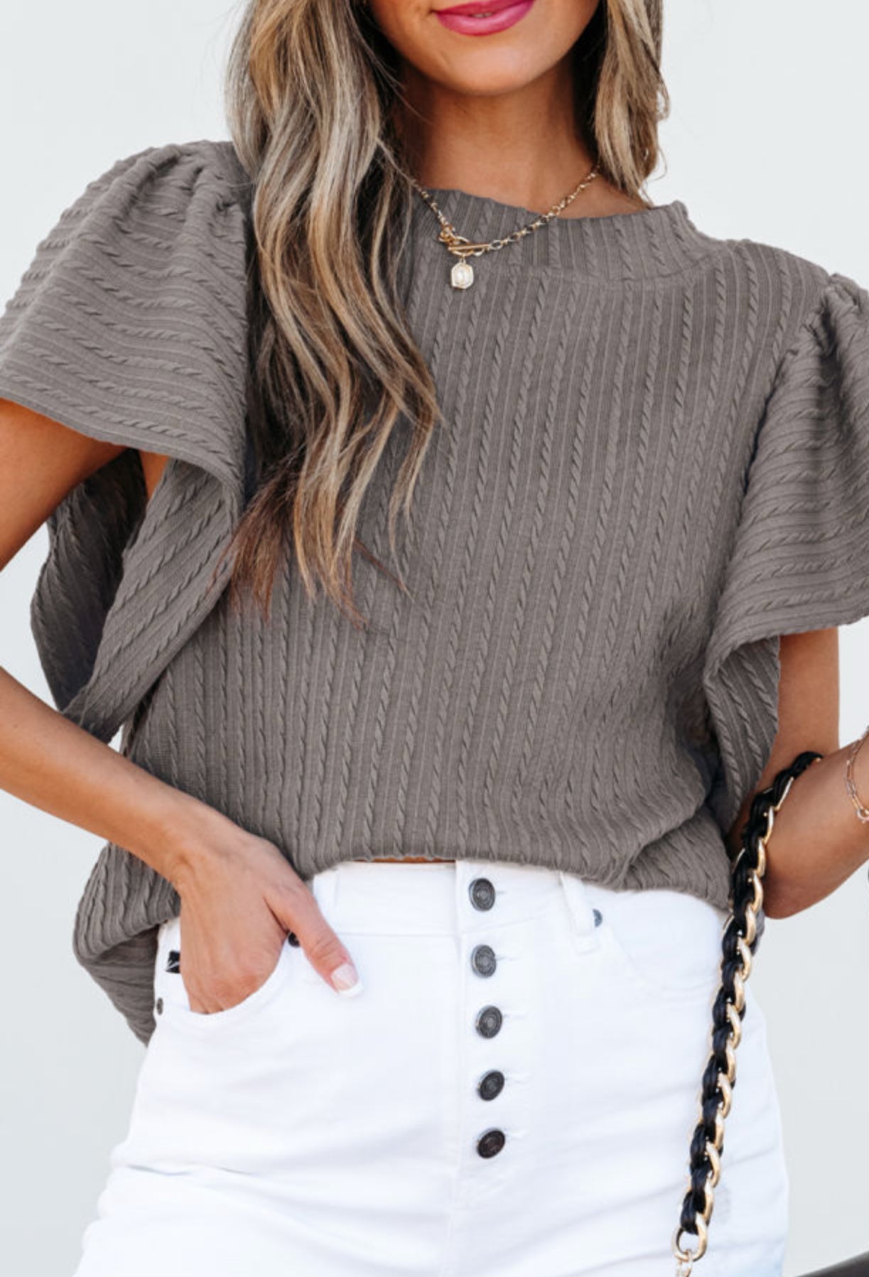 Grey Flutter Sleeve Textured Top