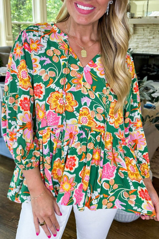 Green Long Sleeve Floral Top