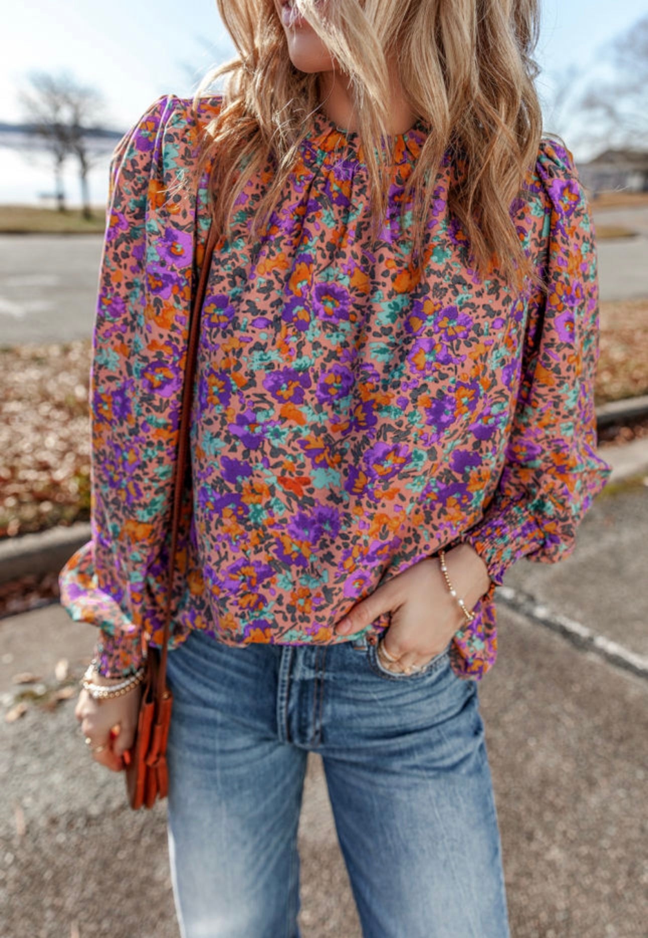 Purple Orange Floral Cuff Sleeve Blouse