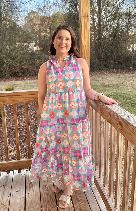 Blue Floral Tiered Dress