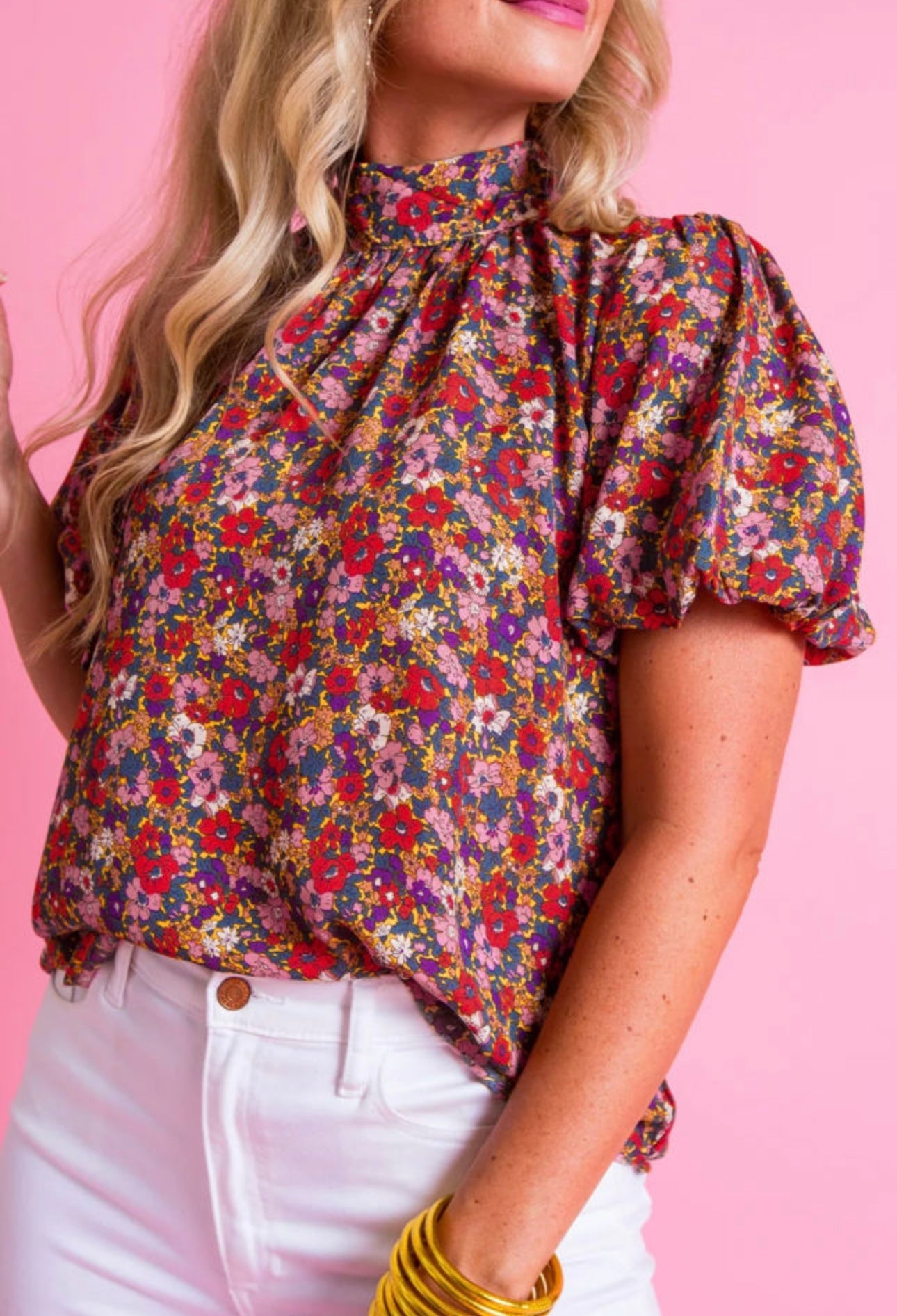 Floral High Neck Back Tie Blouse