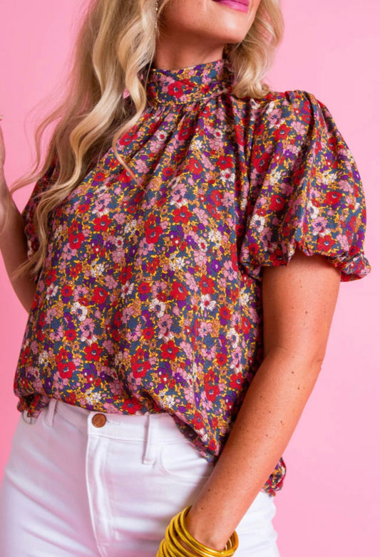 Floral High Neck Back Tie Blouse