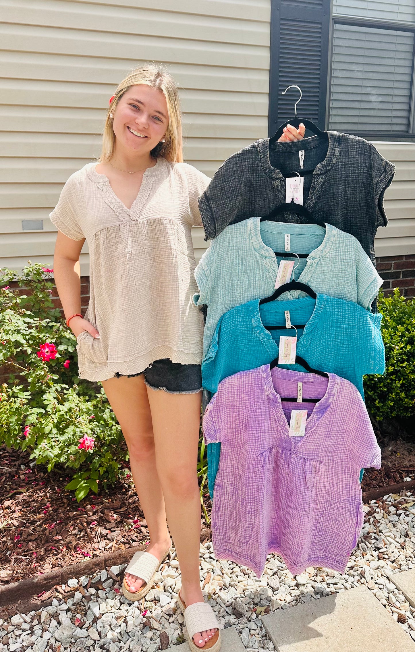 Acid Wash V Neck Gauze Tops