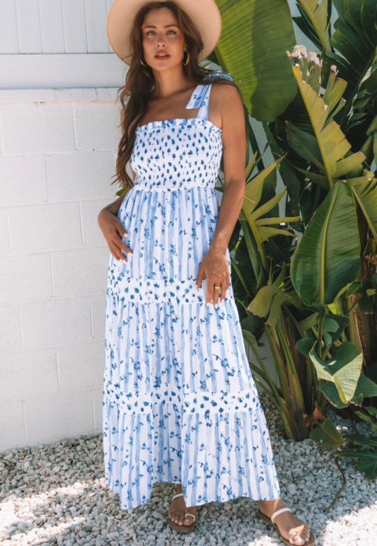 Blue and White Tie Strap Maxi