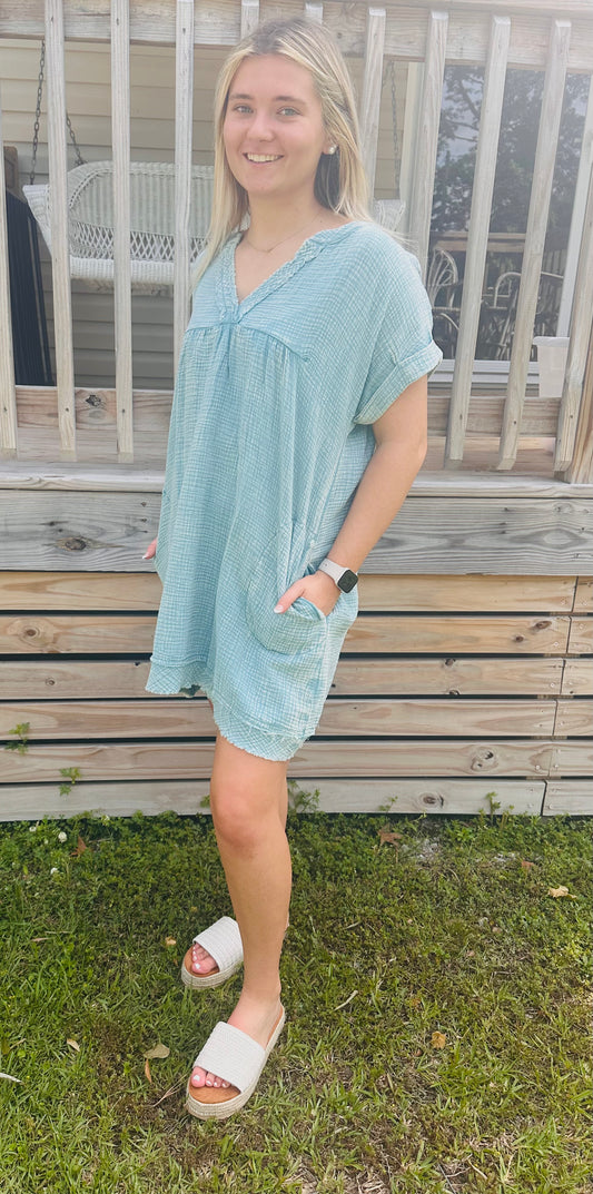 Dusty Teal Acid Wash Zenana Dress