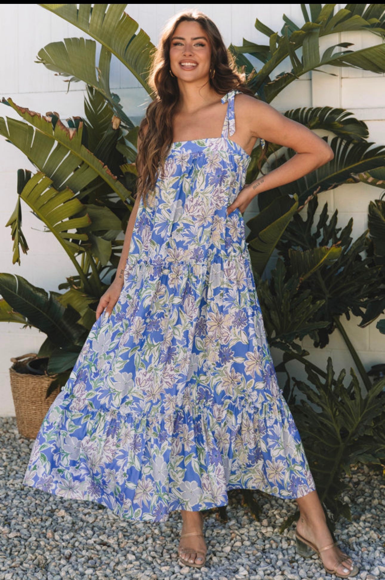 Blue Floral Print Tie Strap Dress