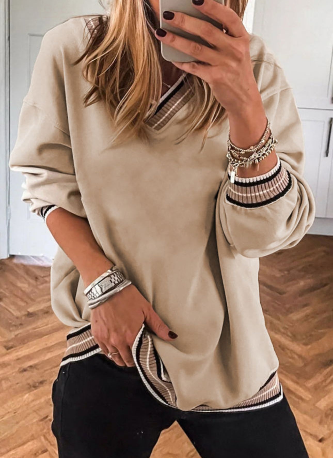 Tan Varsity Striped Pullover