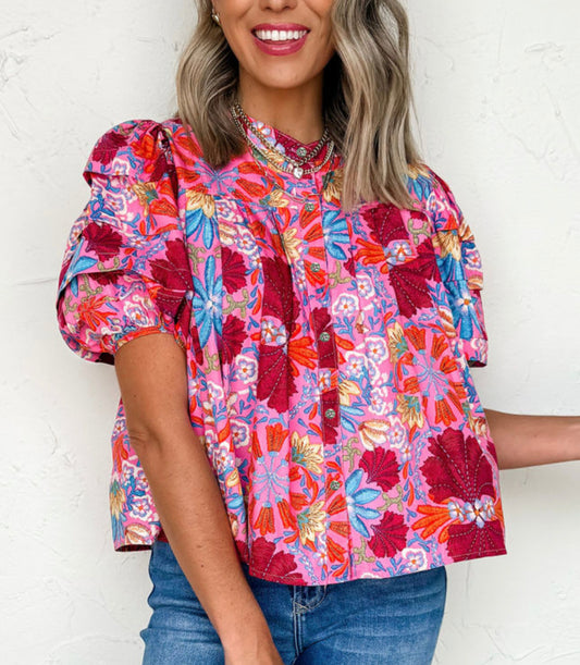 Red Floral Button Up Blouse