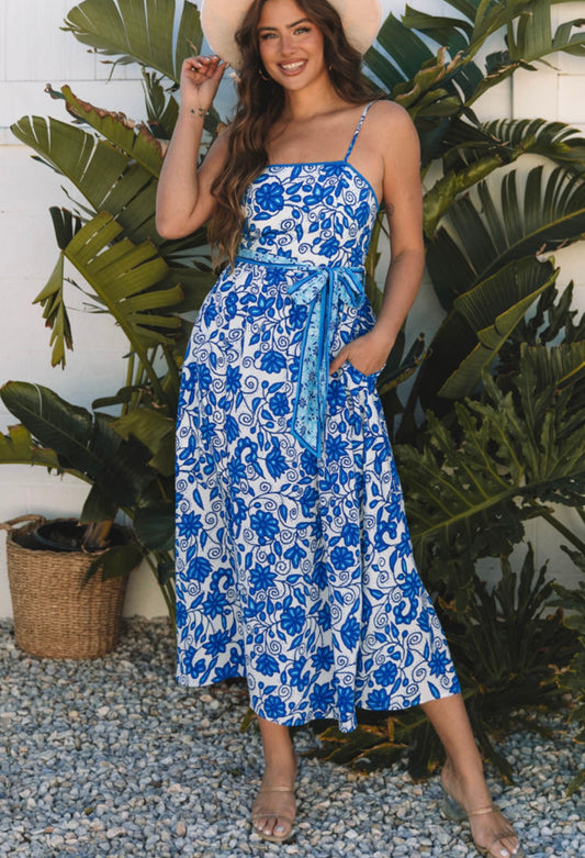 Blue and White Floral Spaghetti Strap Dress