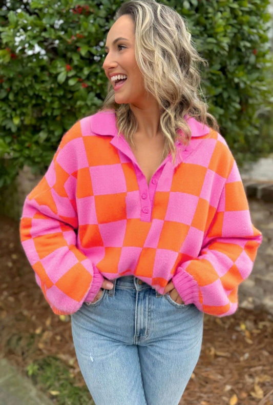 Pink and Orange Checkered Sweater