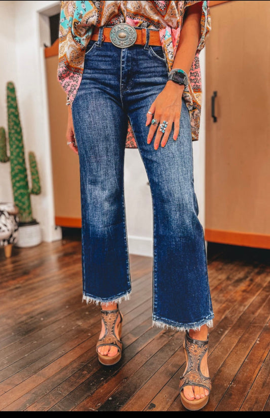 Dark Wash Raw Hem Flare Jeans