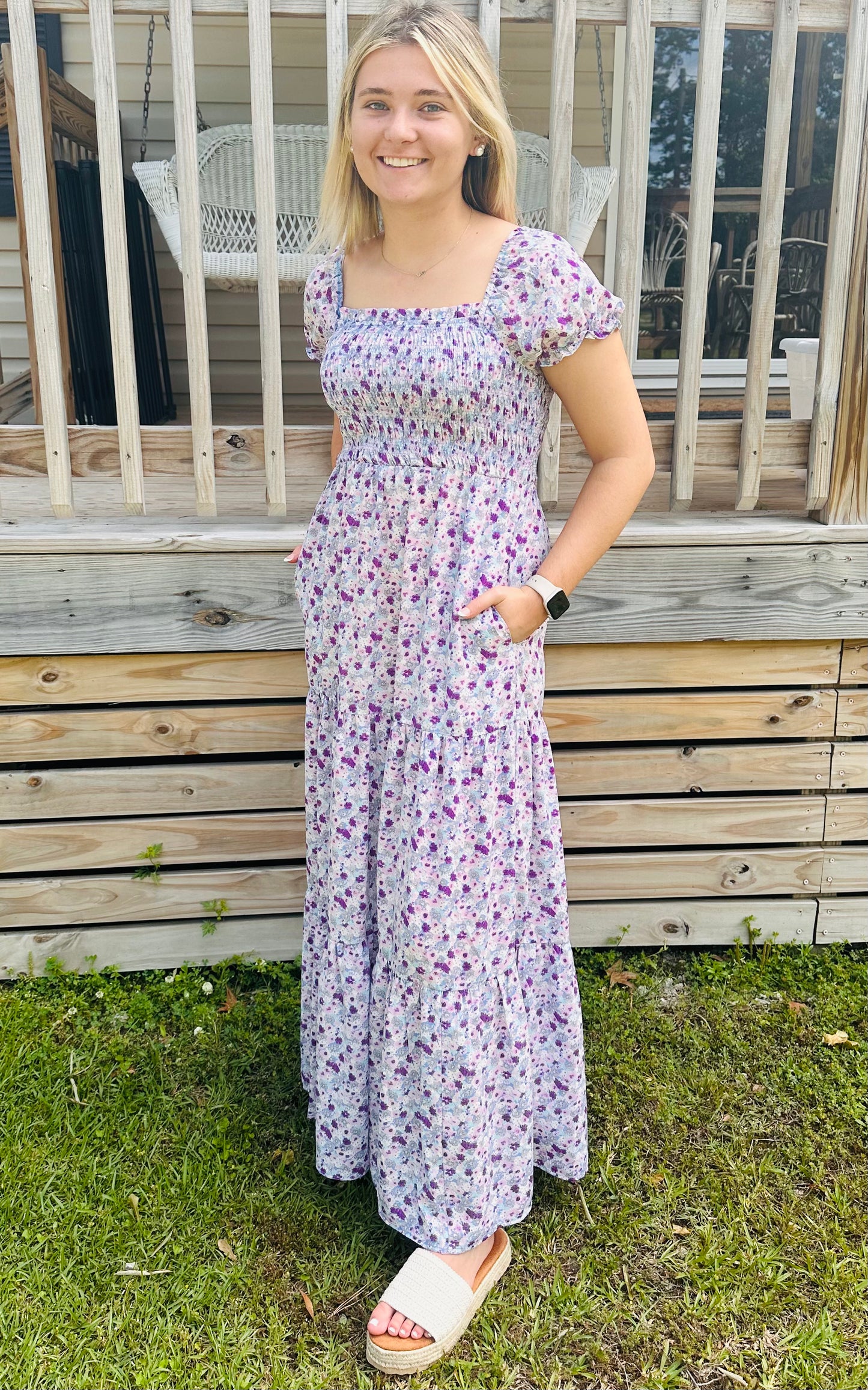 Purple Floral Smocked Maxi