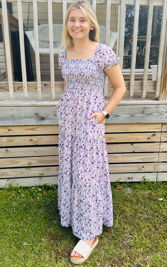 Purple Floral Smocked Maxi