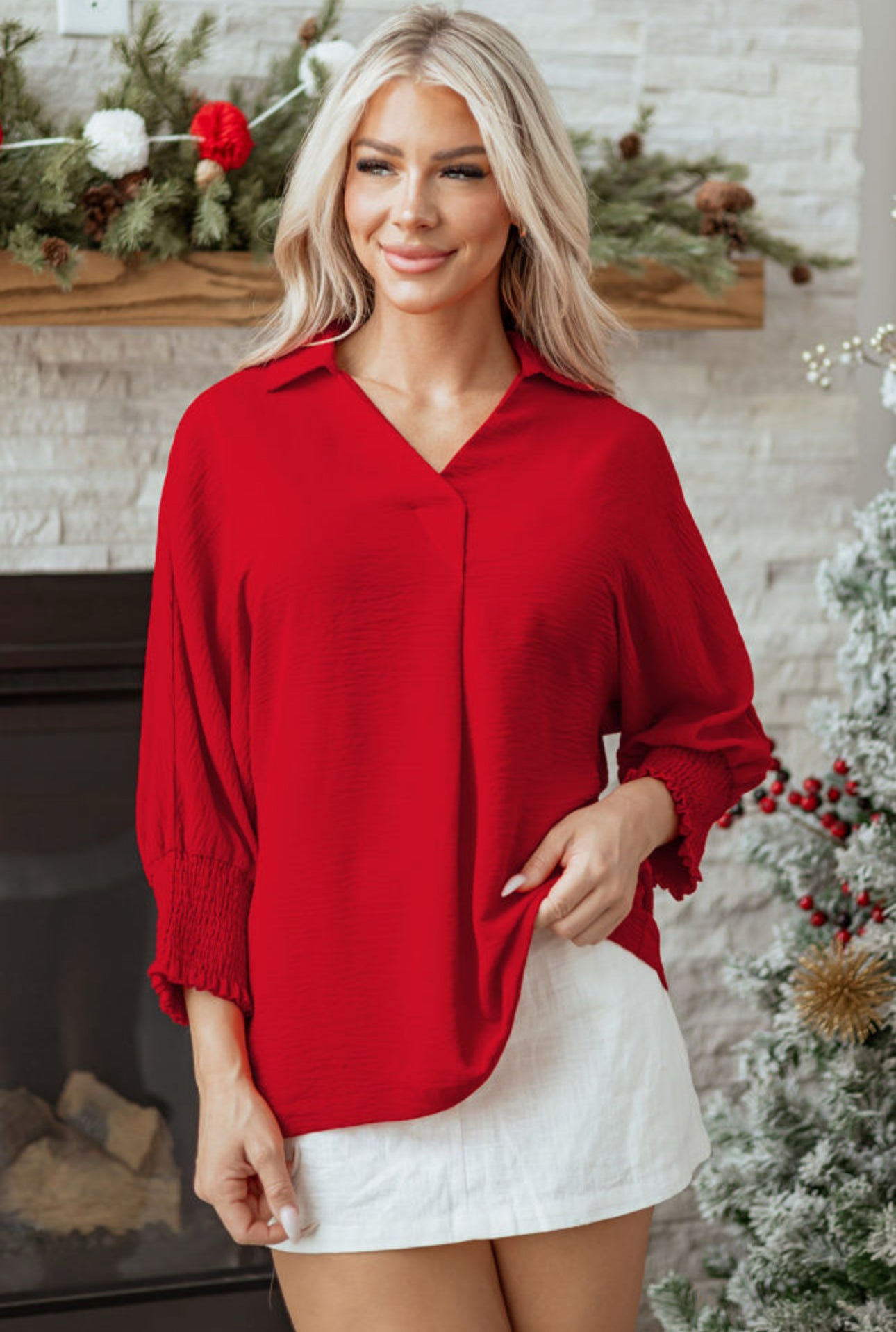 Red V Neck Tunic Top