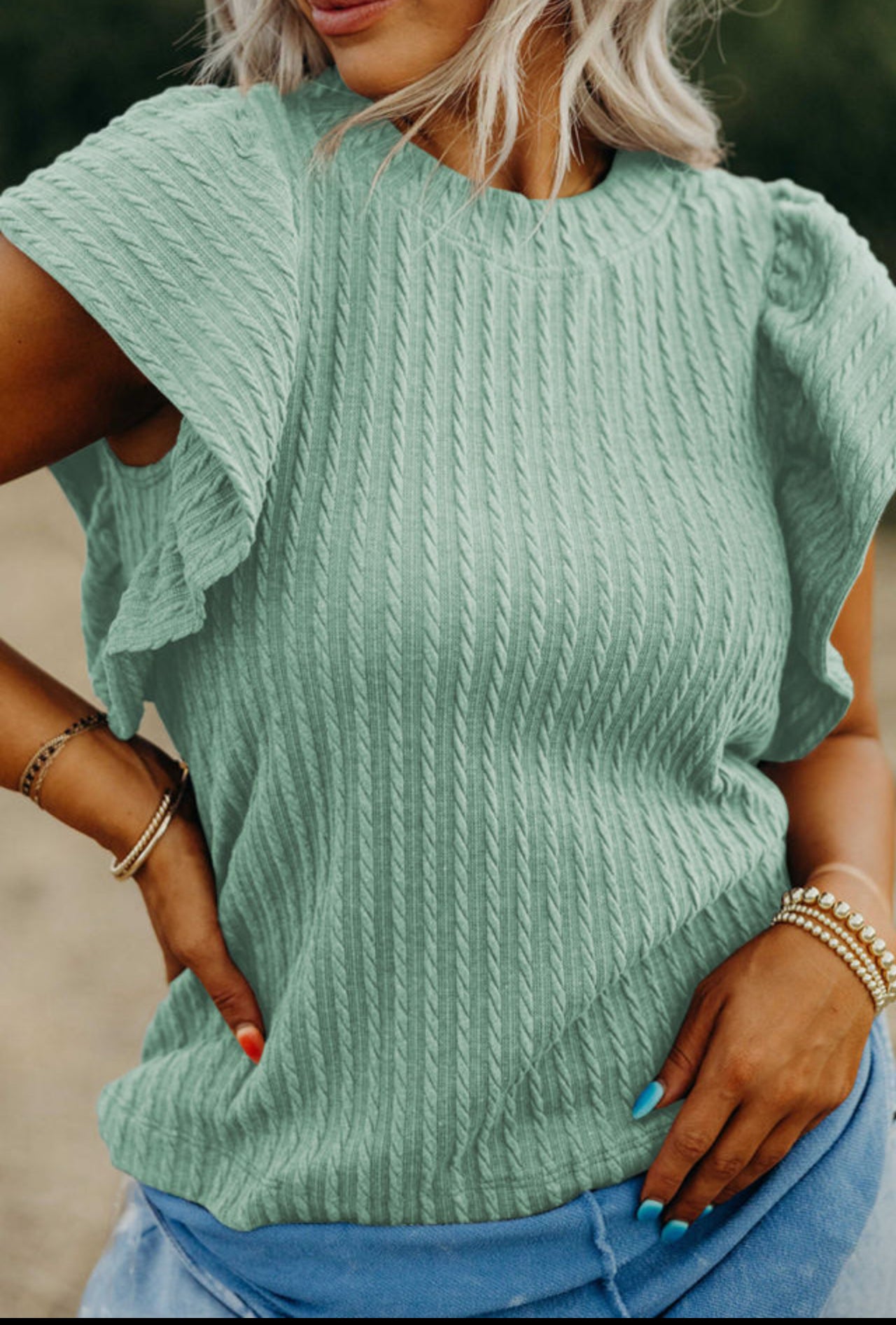 Mint Flutter Sleeve Textured Top