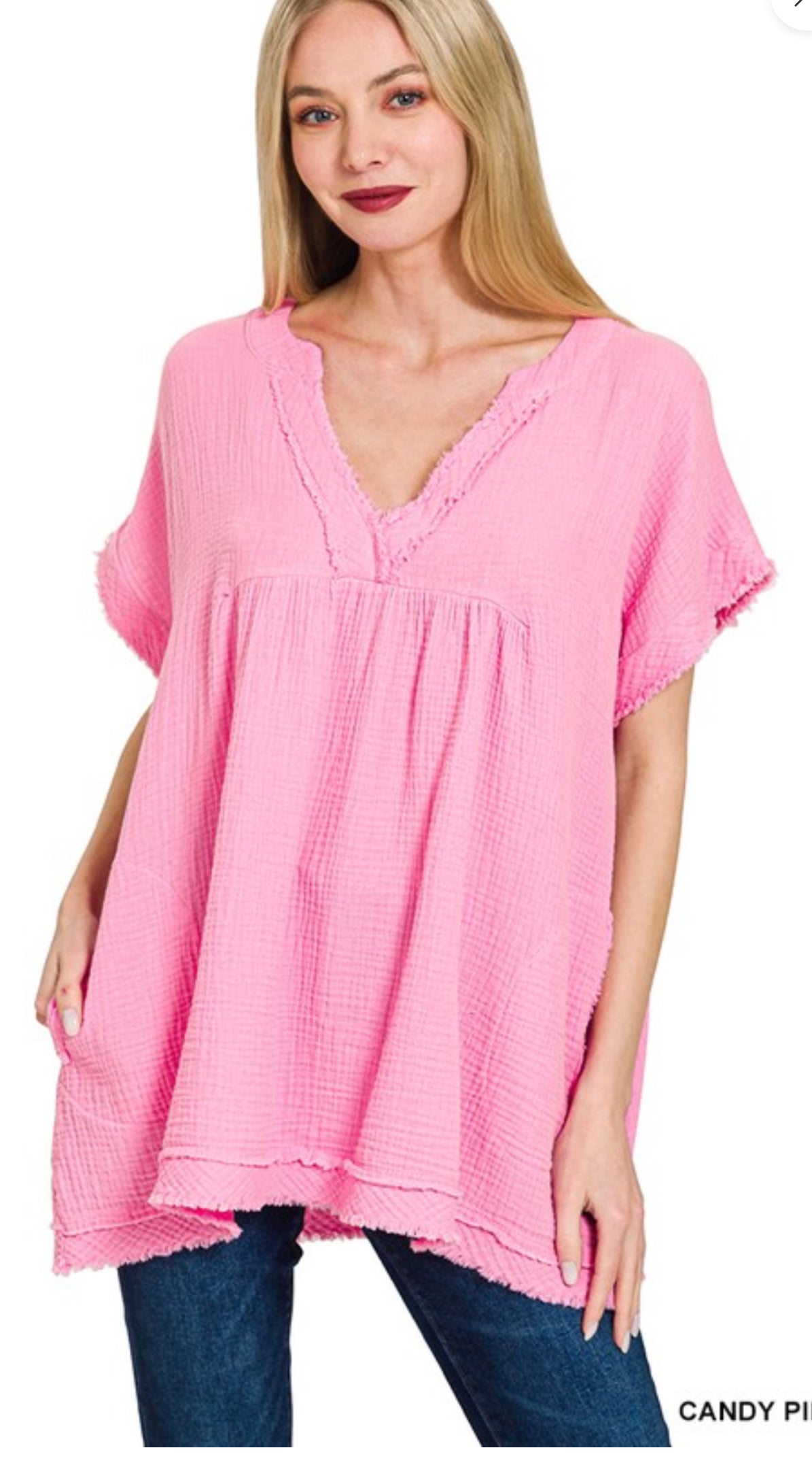 Solid Color V Neck Gauze Tops