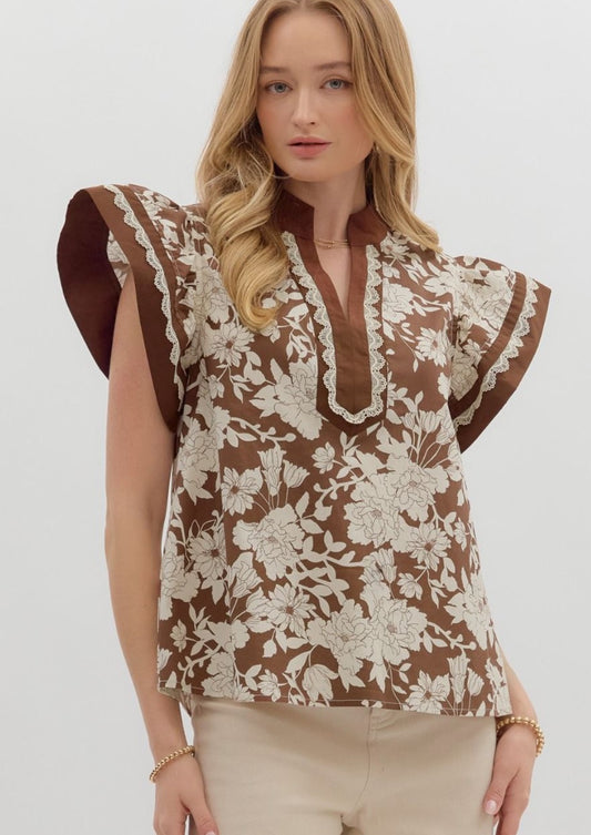 Brown Cream Floral Entro Top