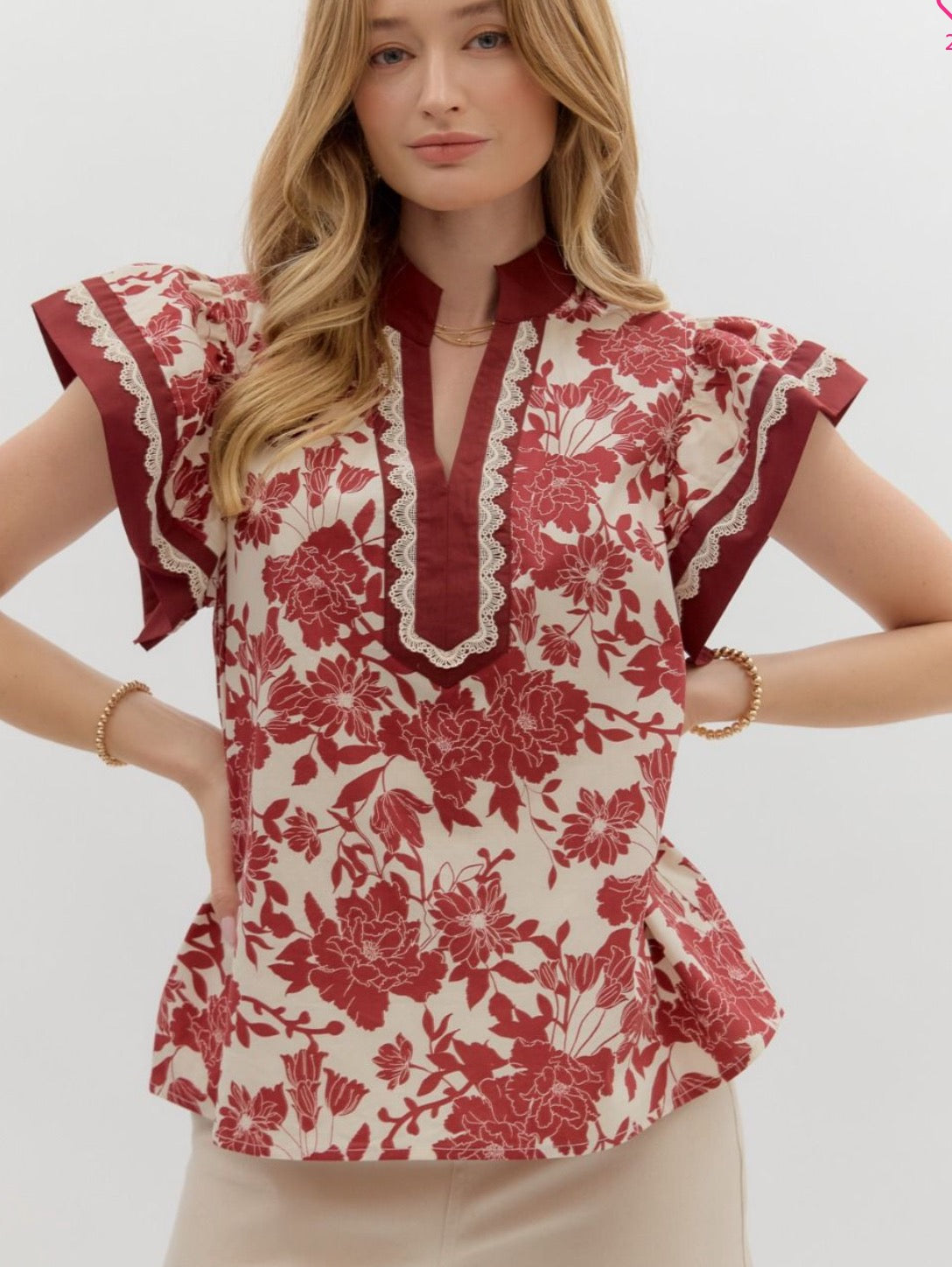 Burgundy Cream Floral Entro Top