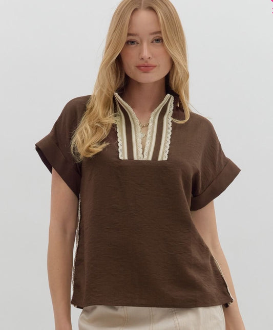 Brown Lace Trim Entro Top